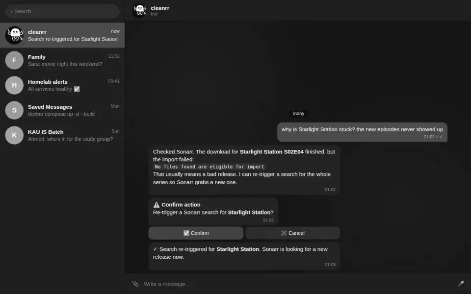 A recreated Cleanrr conversation fixing a stuck show