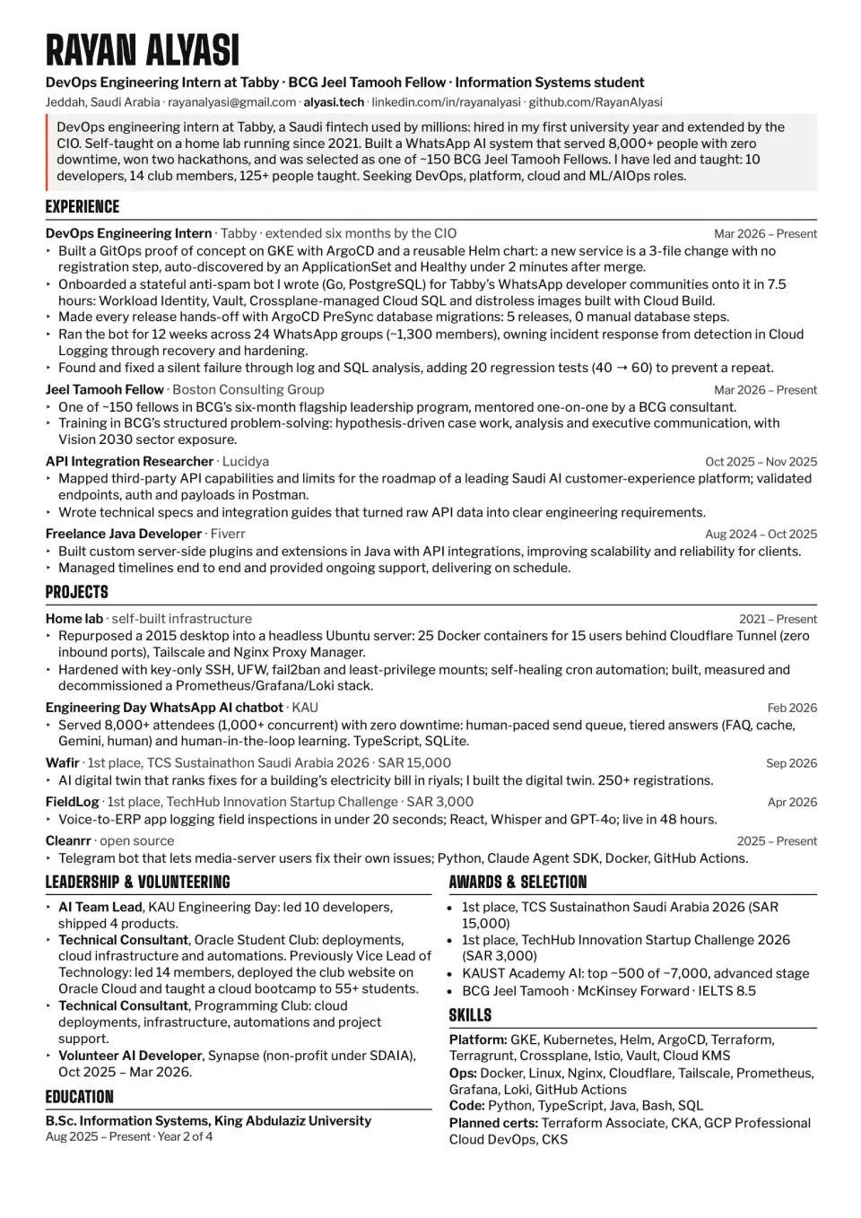 Rayan Alyasi’s one-page CV: summary, experience at Tabby, BCG, Lucidya and Fiverr, projects, leadership and volunteering, awards, skills and education