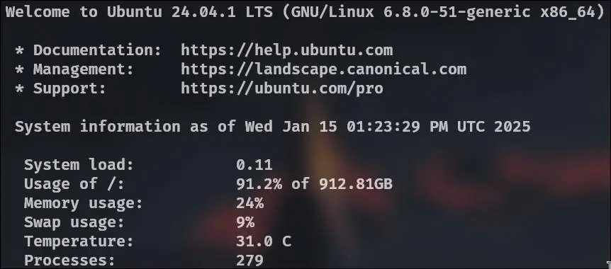 Ubuntu login screen from January 2025 showing the disk 91% full