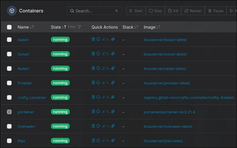 Portainer showing media, request and game-server containers running