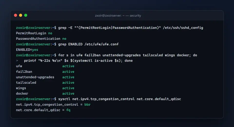Terminal showing SSH root login and passwords disabled, the firewall enabled, and security services active