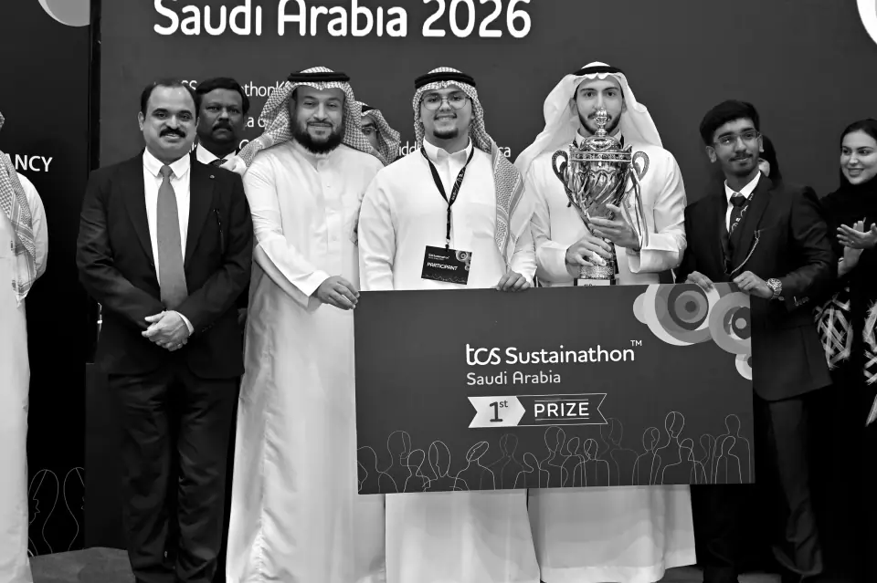 Team Wafir holding the TCS Sustainathon first-prize trophy
