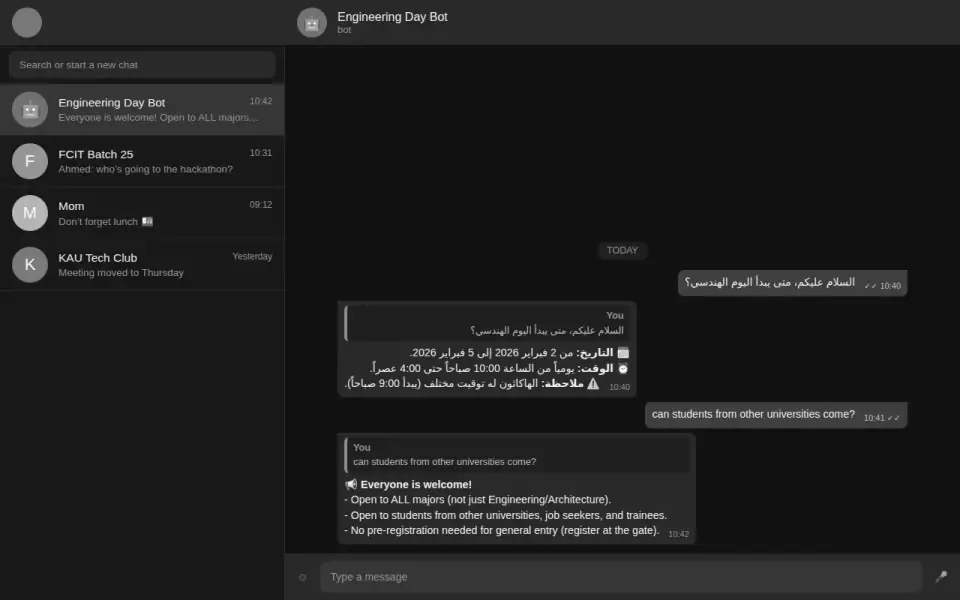 The Engineering Day bot answering event questions on WhatsApp
